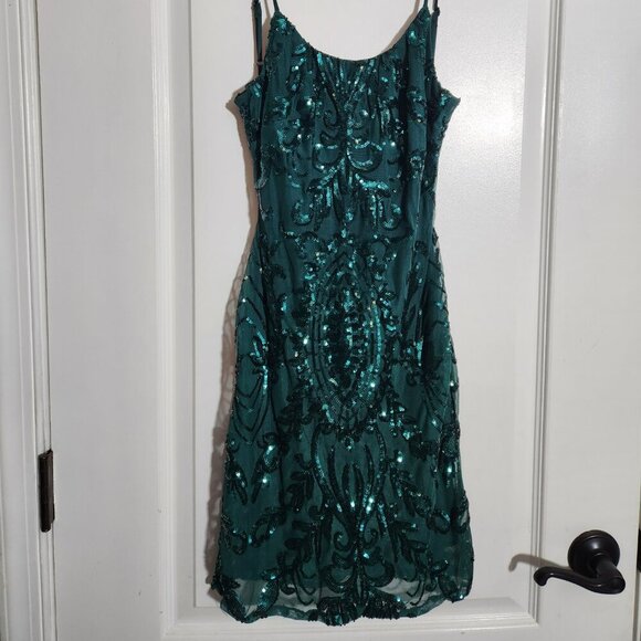 Crystal Doll Dark Green Sequin Dress Sleeveless Open Back With Zipper Size Small - Picture 1 of 8
